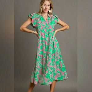 Umgee Floral Midi 1XL Dress Green Pink Tiered V-neck Collar Ruffle Sleeves Boho